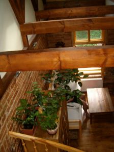 Looking down at the coffee table from our loft, the coffee table is in clear sight.
